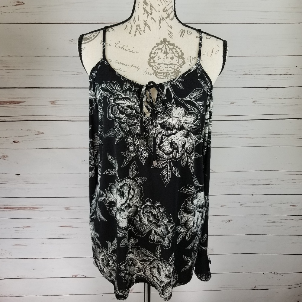 INC Long Sleeve Black/White Floral Top Large